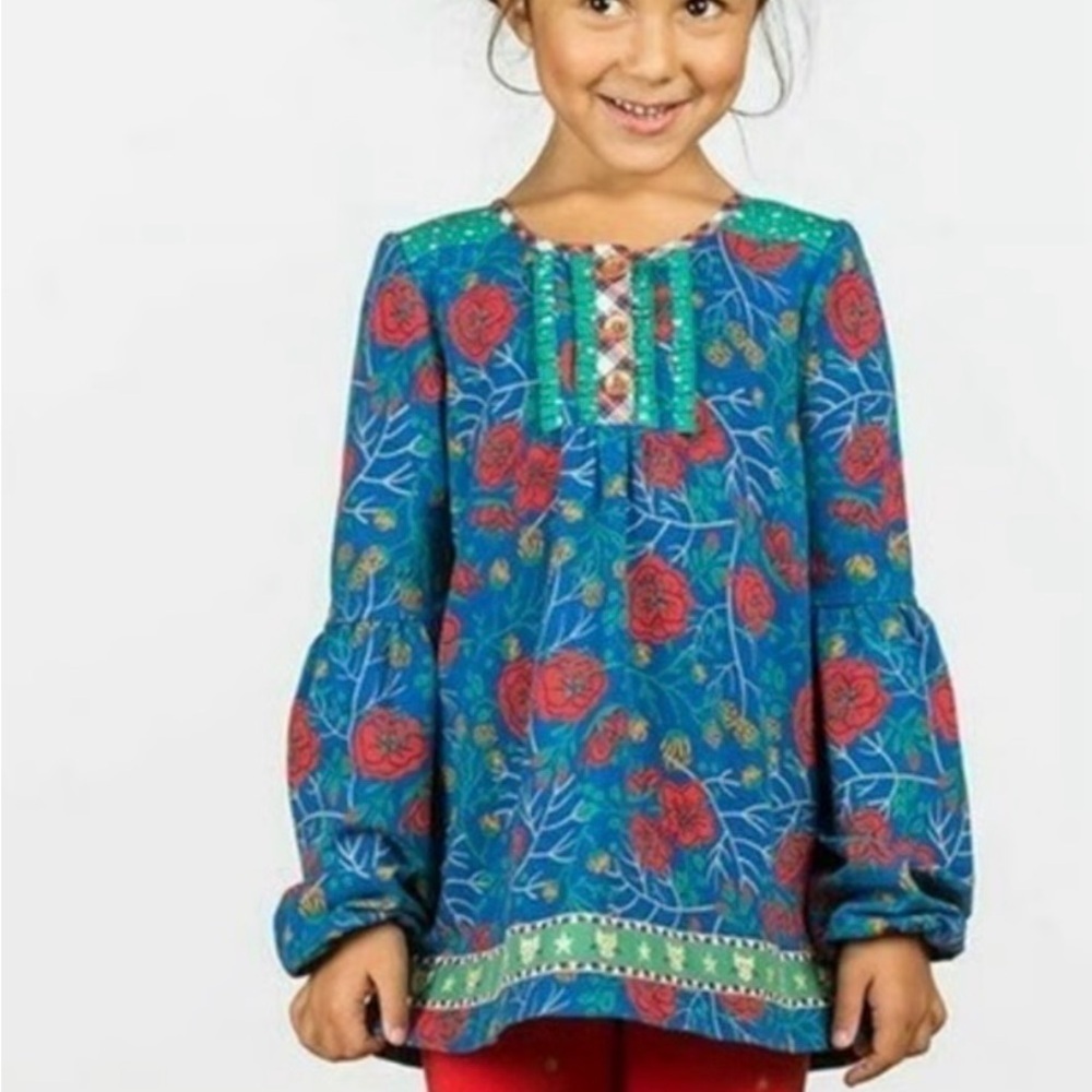 Matilda Jane Girl’s Believe Tunic. Whimsical Cat and Floral Blue Tunic.